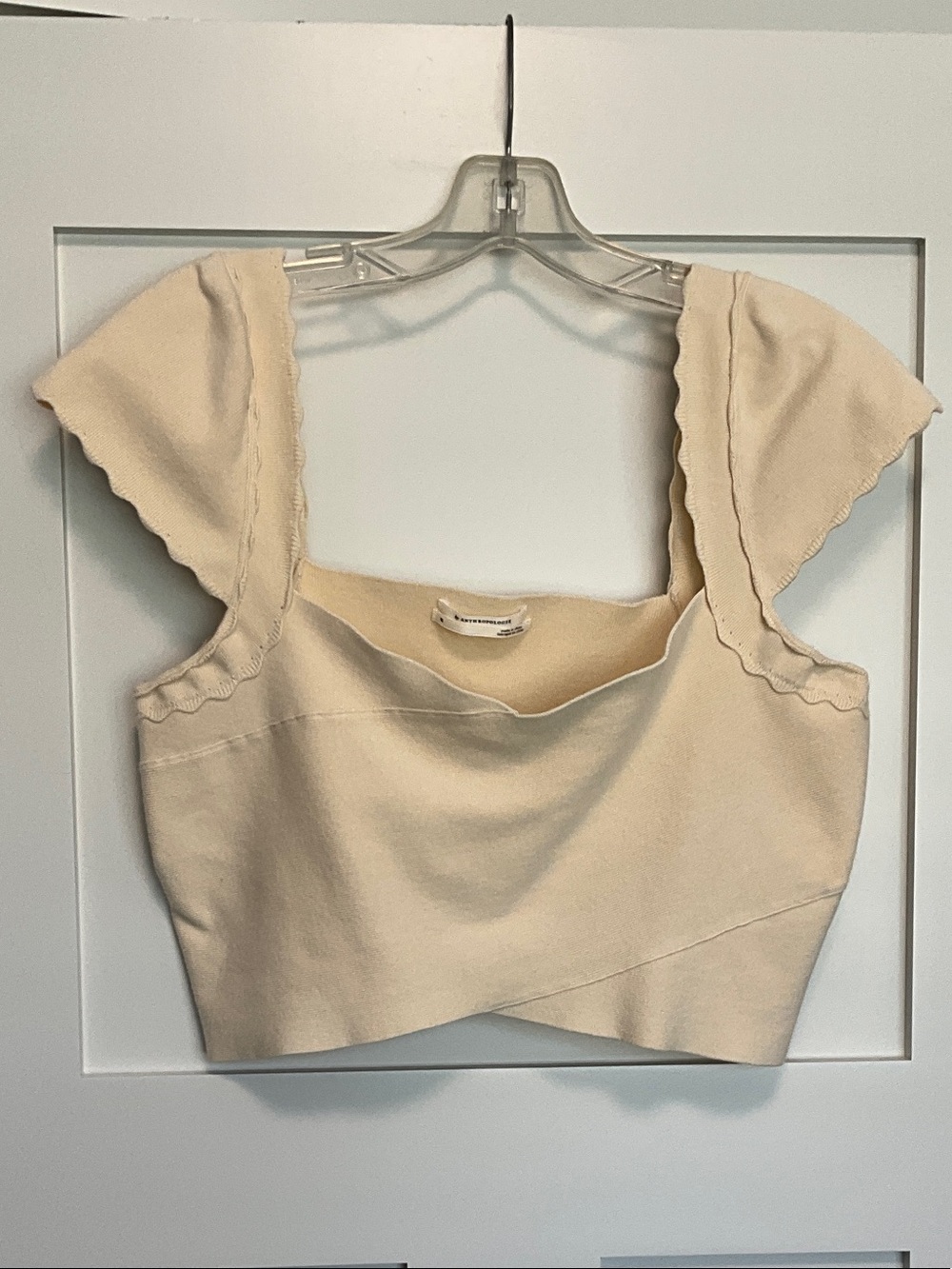 Anthropologie Cream Square-Neck Scalloped Sleeve Crop Top